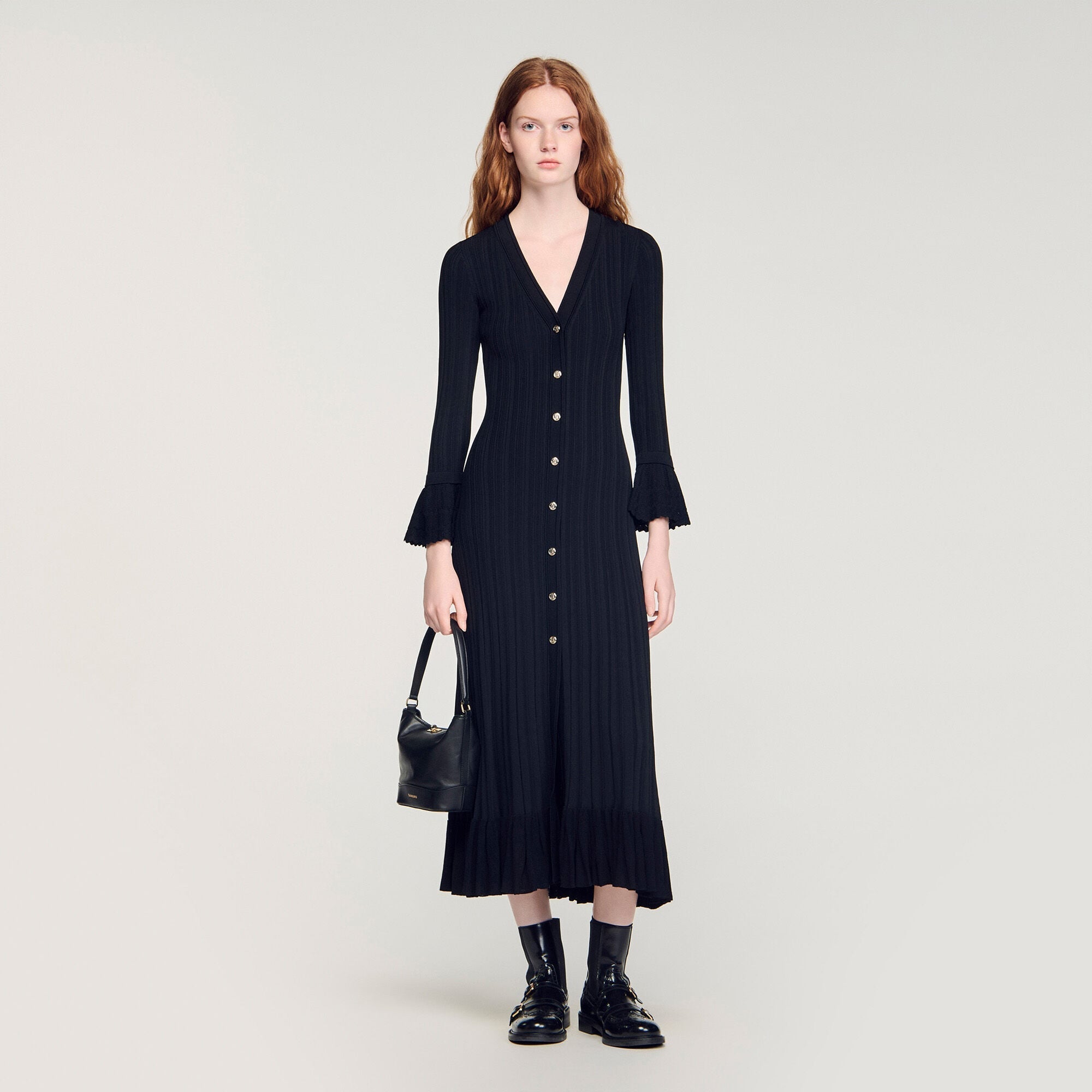 SANDRA LONG KNITTED DRESS WITH RUFFLE BLACK