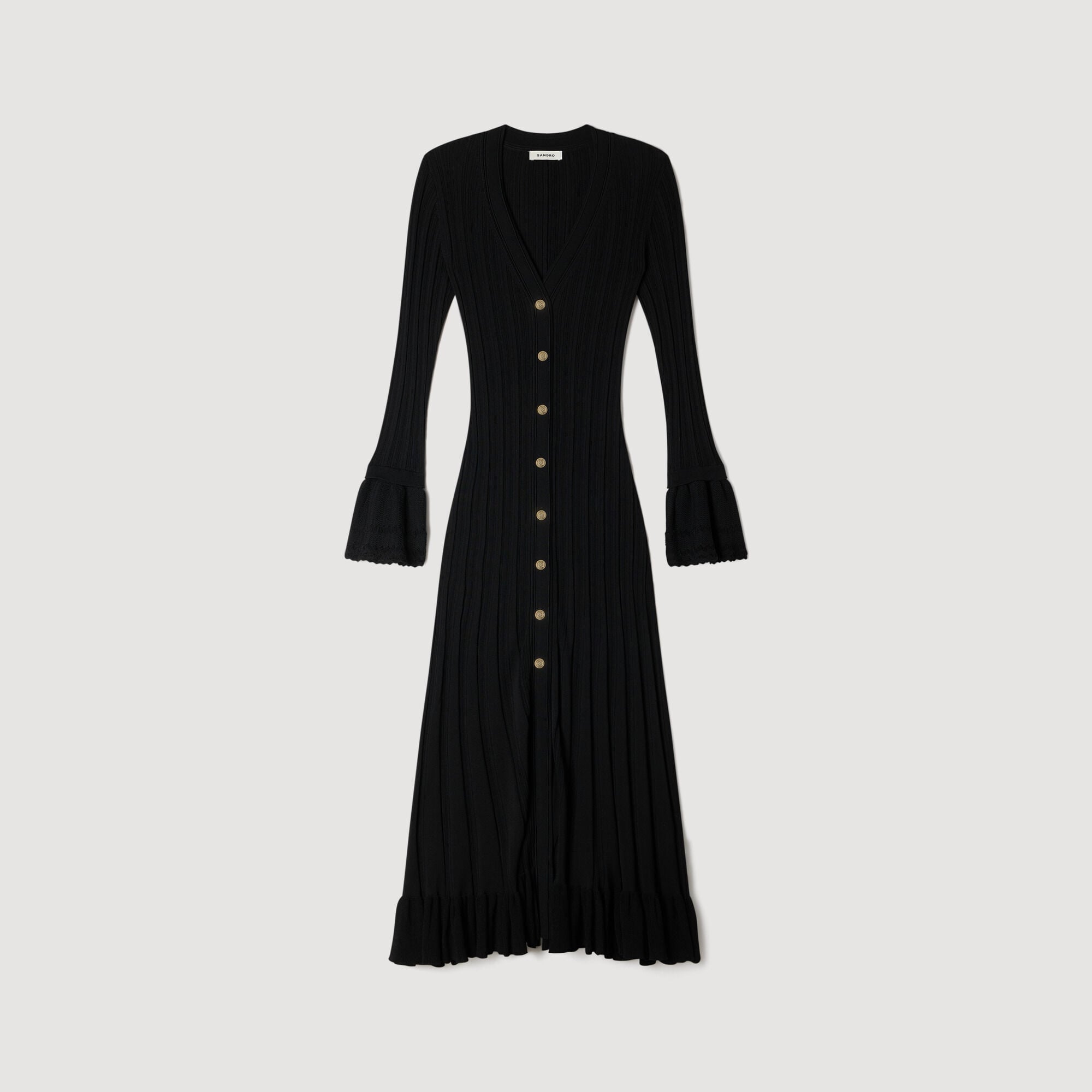 SANDRA LONG KNITTED DRESS WITH RUFFLE BLACK